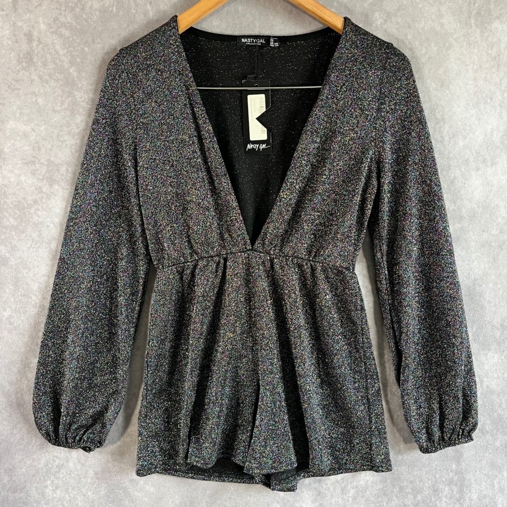 Nasty Gal Plunge Metallic Romper Womens 6 Navy Multicolor Glitter Long Sleeve